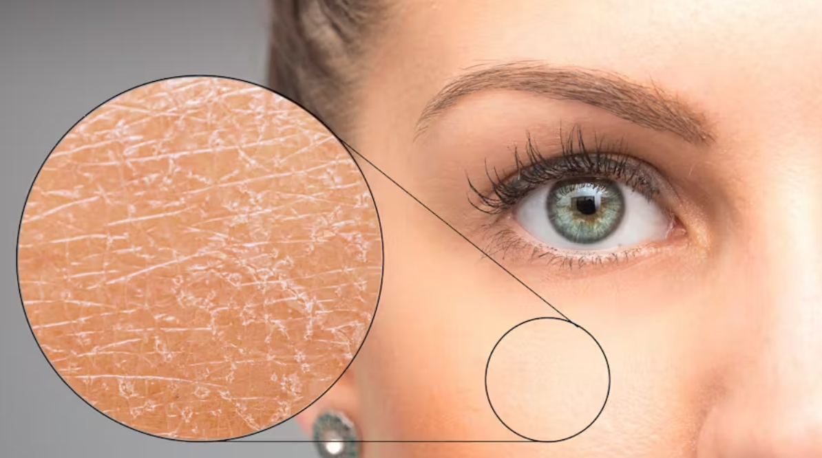 Peau sèche et craquelée en hiver, zoom sur les microfissures cutanées près de l'œil d'une femme