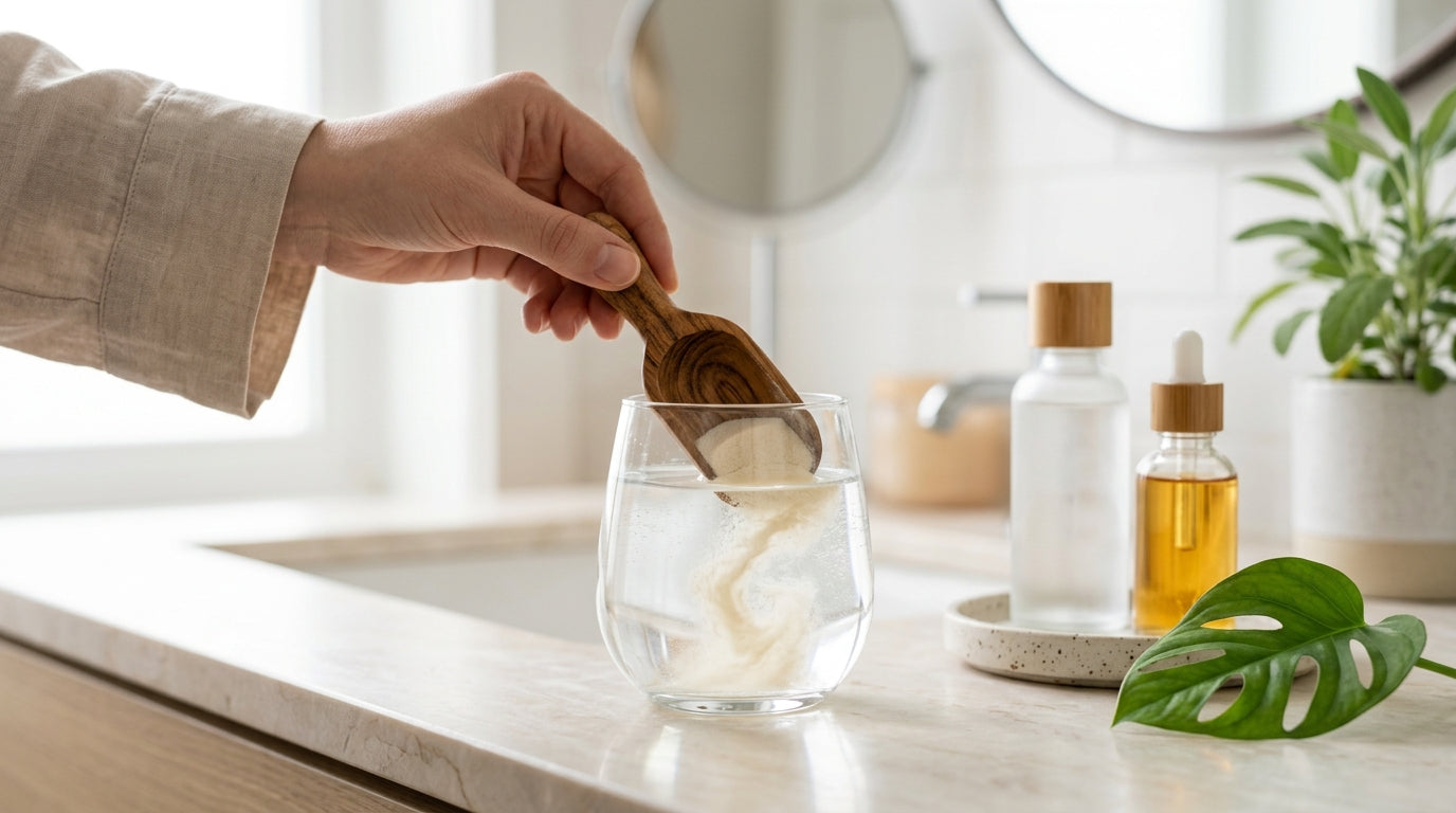 Collagène marin en poudre dilué dans un verre d'eau, pour les bienfaits sur l'hydratation et l'élasticité de la peau