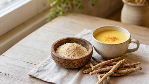 Poudre et racines d'ashwagandha avec un latte doré, illustrant les bienfaits de l'ashwagandha au quotidien