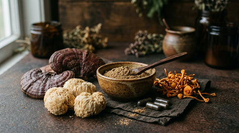 Champignons adaptogènes séchés (reishi, crinière de lion, cordyceps) avec poudre et gélules sur fond sombre et naturel
